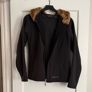 Marmot Black Rain Jacket with Brown Faux-Fur Hood Trim
